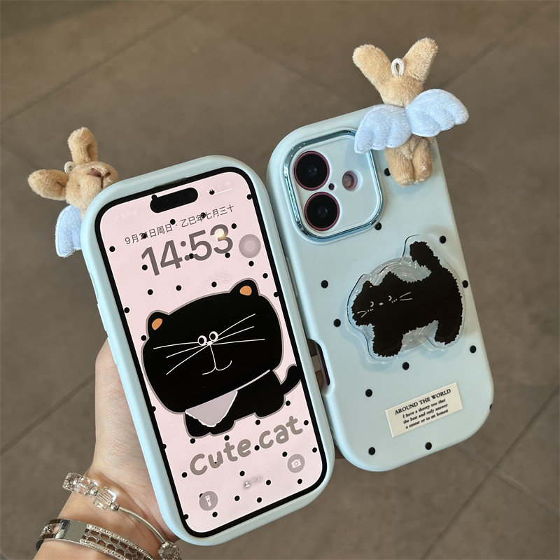 波点猫咪适用苹果17promax手机壳16pro华为mate70新款支架pura70金属小胖妹OPPOReno14/vivos30小米小兔贴件