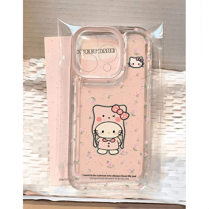 小花粉Kitty帽子适用苹果15手机壳16Pro卡通vivox100透明红米note13防摔小米14套华为pura70荣耀200硅胶OPPO
