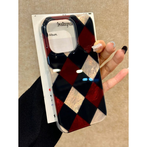 冰裂纹酒红拼菱格纹适用iPhone16苹果16Promax手机壳新款IMD漩涡壳15por防摔14plus全包13高级感12套xr/xsmax