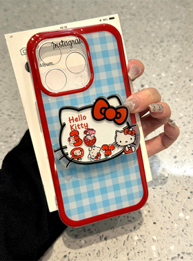 红边蓝格纹适用苹果15手机壳16Pro卡通vivox100透明红米note13防摔小米14一加套华为pura70荣耀200硅胶OPPO软