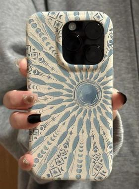 蓝色太阳图腾适用苹果16/15promax手机壳iphone14pro创意多色13软壳12情侣新款11全包皮革纹防摔plus网红超火