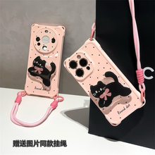 波点粉蝴蝶结猫猫适用苹果16/15/14pro手机壳华为Pura70pro新款支架mate60/OPPO四角挂绳vivos19x100套小米14