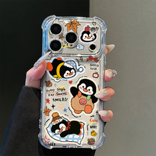 涂鸦企鹅卡通适用iPhone17promax苹果16pro手机壳华为Mate80新款 透明气囊壳vivox300荣耀500防摔小米17Pro软