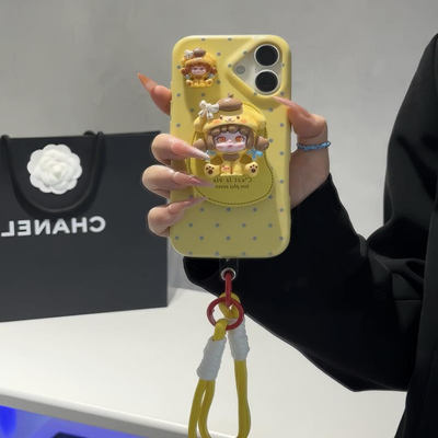 适用苹果16promax手机壳15pro朵拉小女孩支架iphone14手绳13可爱12荔枝纹11趣味16防摔华为mate70个性P60p50