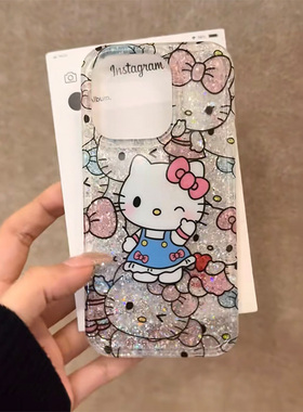 满屏眨眼kt猫适用苹果17air手机壳iPhone17ProMax新款buling闪粉壳16pro防摔13/14女款小众12硅胶14pro全包软