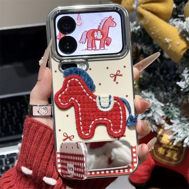 新年红小马适用苹果17promax刺绣贴件手机壳16pro华为mate70新款6D大视窗Reno14vivo300小米17pro镜面支架软