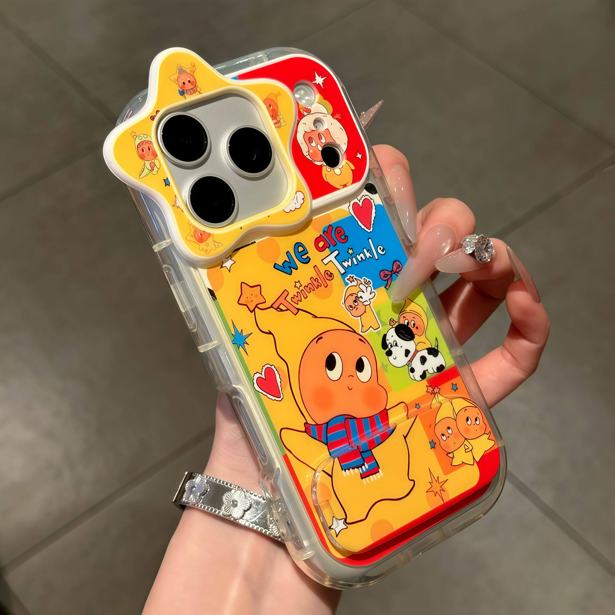 插画拼接星星人适用苹果17promax镜面支架手机壳iPhone16新款公仔星星镜头华为Mate70防摔vivox200全包小米15