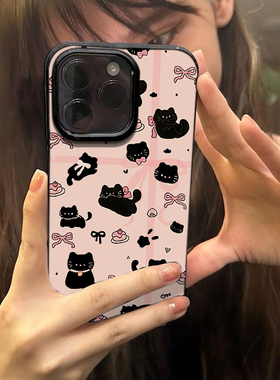 卡通可爱黑色礼物ins猫咪适用苹果13手机壳iPhone16promax新款15Pro少女款12软壳11防摔套14Pro苹果15保护套