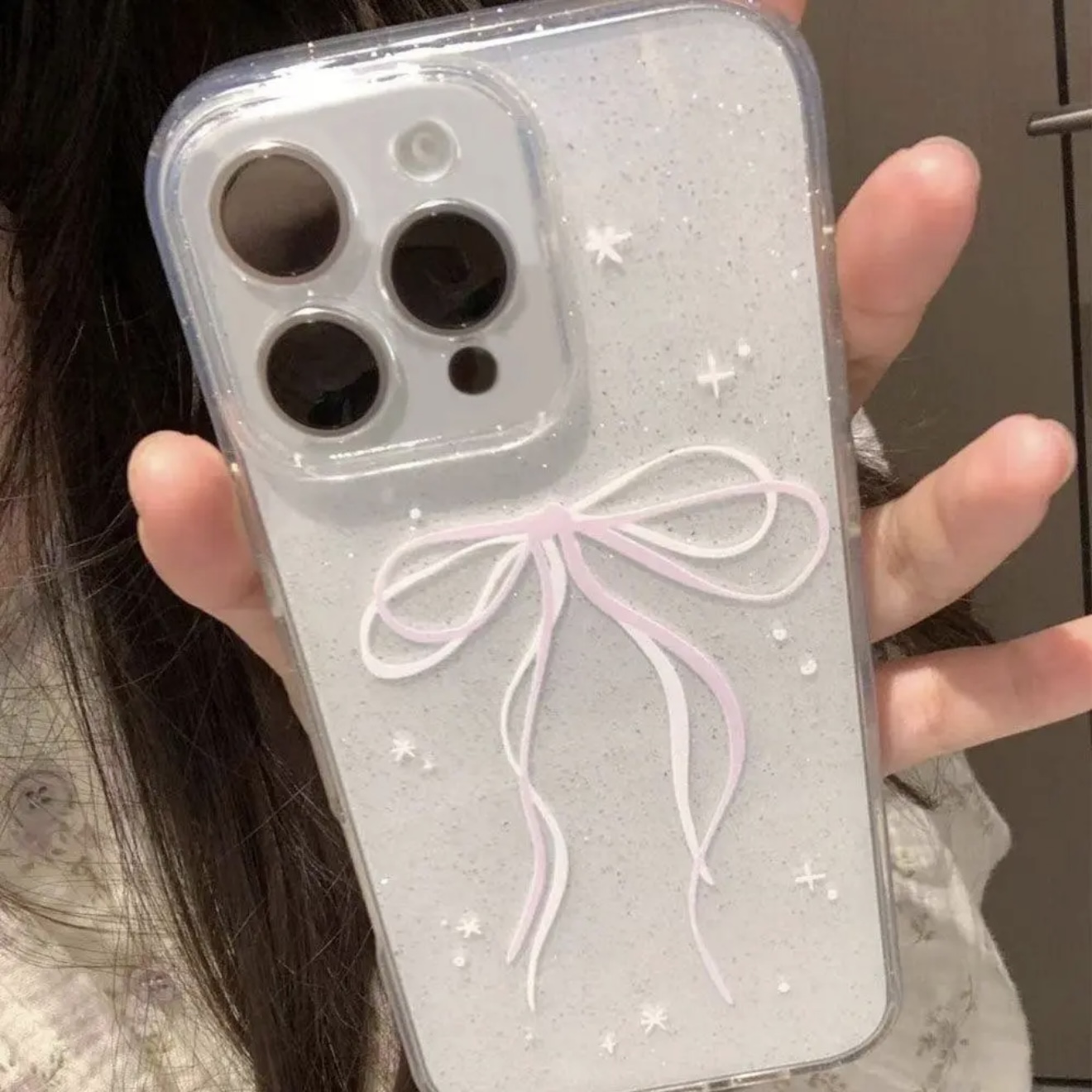粉丝带蝴蝶结适用苹果16/15promax手机壳iphone14pro可爱个性13软壳12女新款11大孔细闪透明防摔plus网红超火