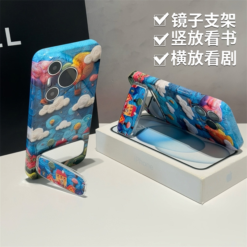 油画风ins热气球小屋镜面支架适用iPhone16苹果15promax菲林手机壳华为mate70/nova13荣耀硬壳vivoppo小米14