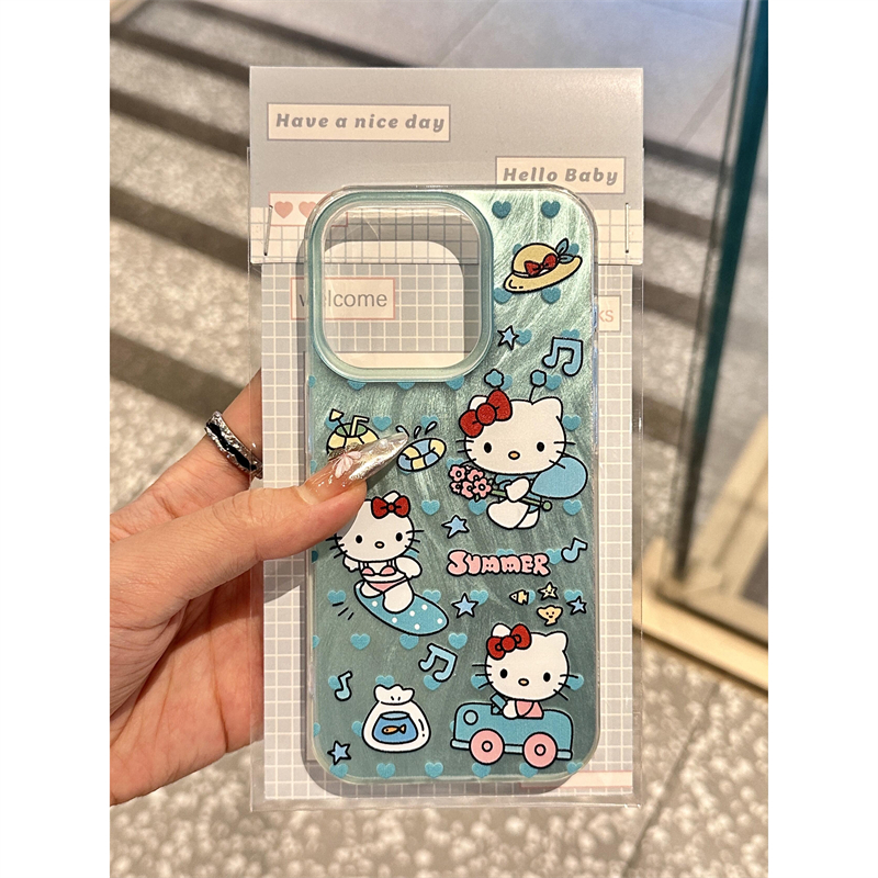 可爱网红HelloKitty适用苹果15手机壳绿色iPhone14promax新款15ProMax防摔12女款13pro少女心超火11硅胶全包