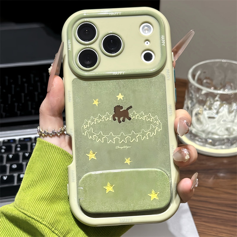 抹茶绿星星小马适用苹果17promax镜面支架手机壳iphone16新款奶油壳华为mate70荣耀vivox300防摔小米17pro软