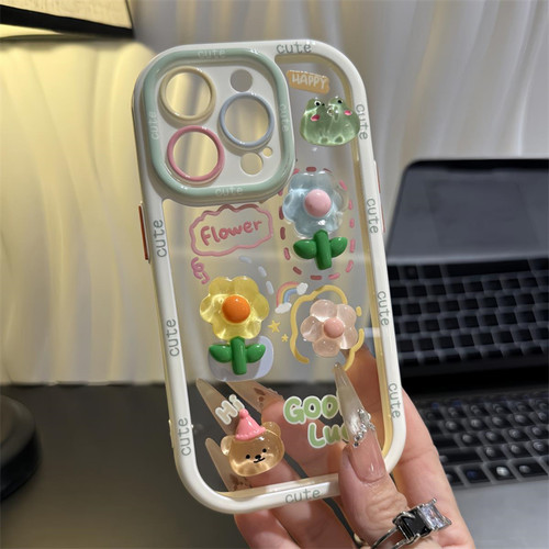 白色flower花适用苹果16promax镜面支架奶油手机壳iphone15防摔华为P70可爱华为mate70pro简约小米小众红米80