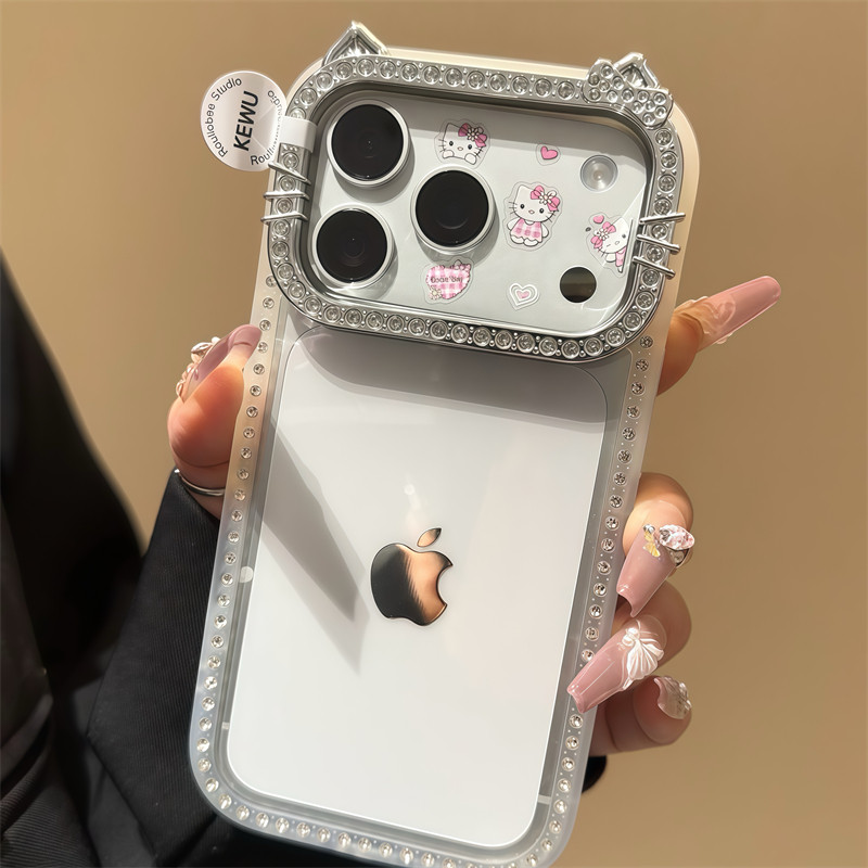 高级闪钻猫耳朵适用苹果17promax手机壳iPhone16/15亚克力14奢侈名媛风13pro时尚女款12不发黄11细闪防摔软壳
