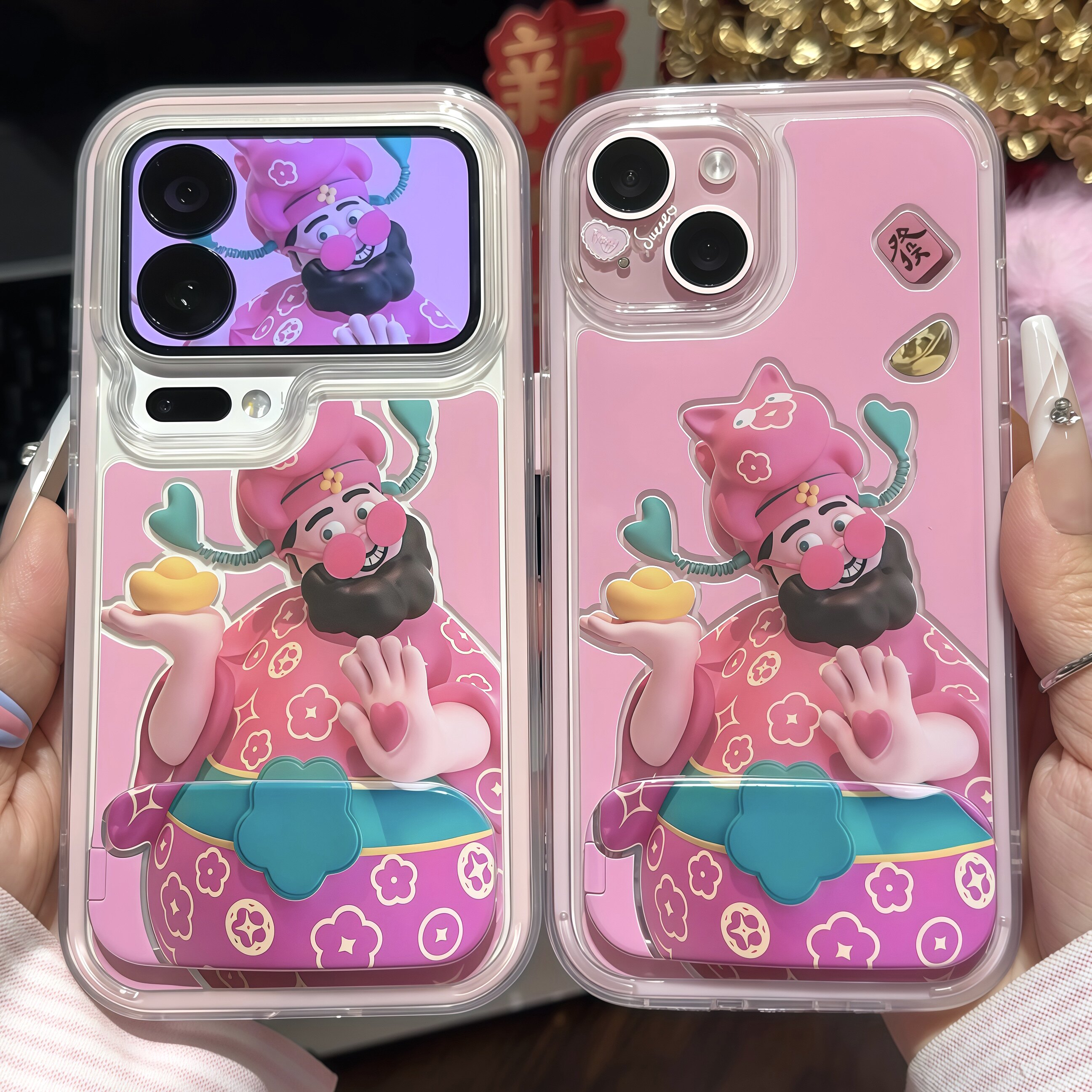 创意元宝财神适用苹果17promax镜面支架手机壳16华为mate80新款撞色大孔爆款vivox300防摔小米17pro荣耀400软