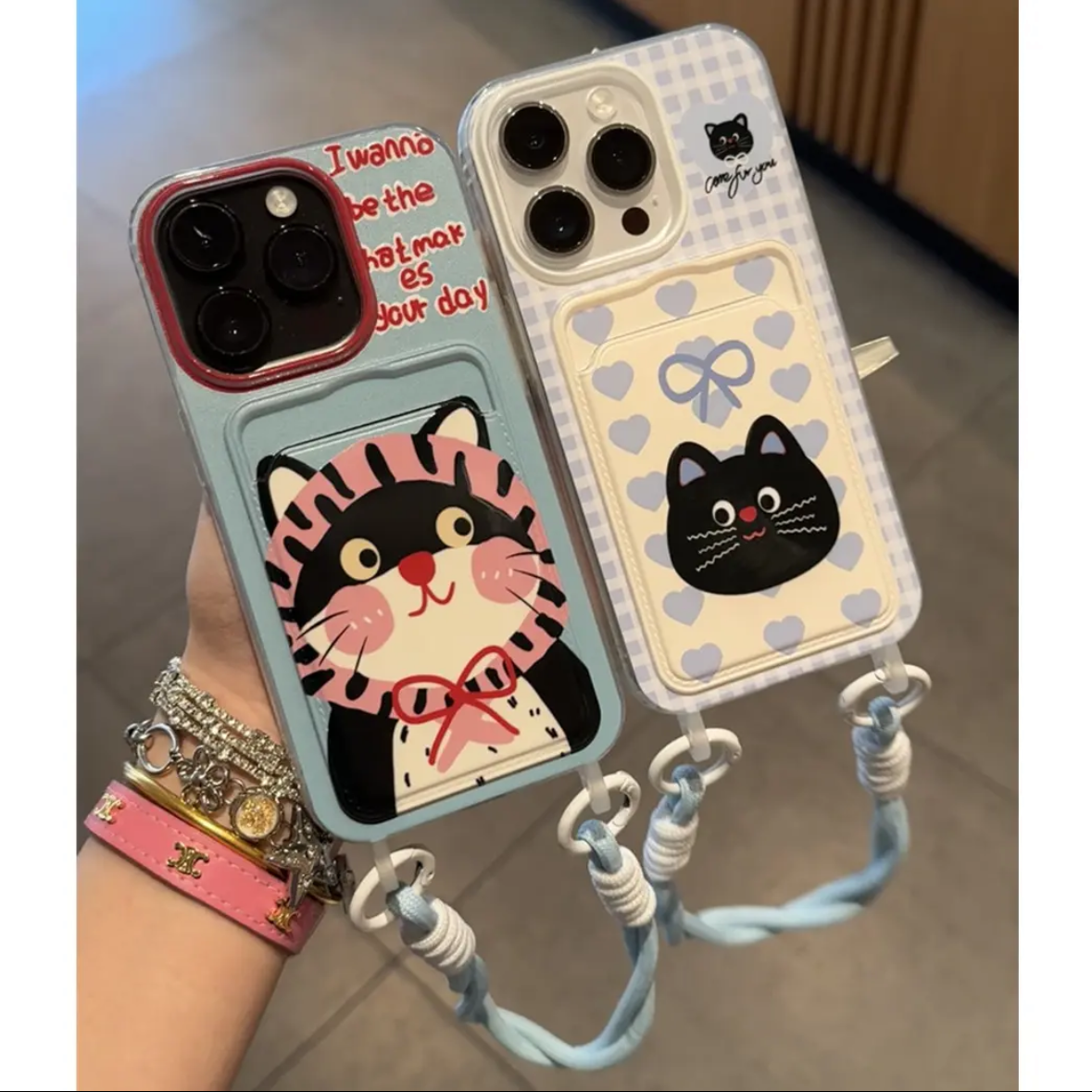 卡包壳蓝格纹黑猫蝴蝶结适用苹果15手机壳12/11卡通vivox100挂绳防摔小米14一加套华为pura70荣耀200硅胶OPPO