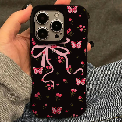 粉色蝴蝶花朵适用苹果16promax手机壳iphone13/14新款果冻黑15pro华为mate70荣耀vivox200小米OPPO全包超火软