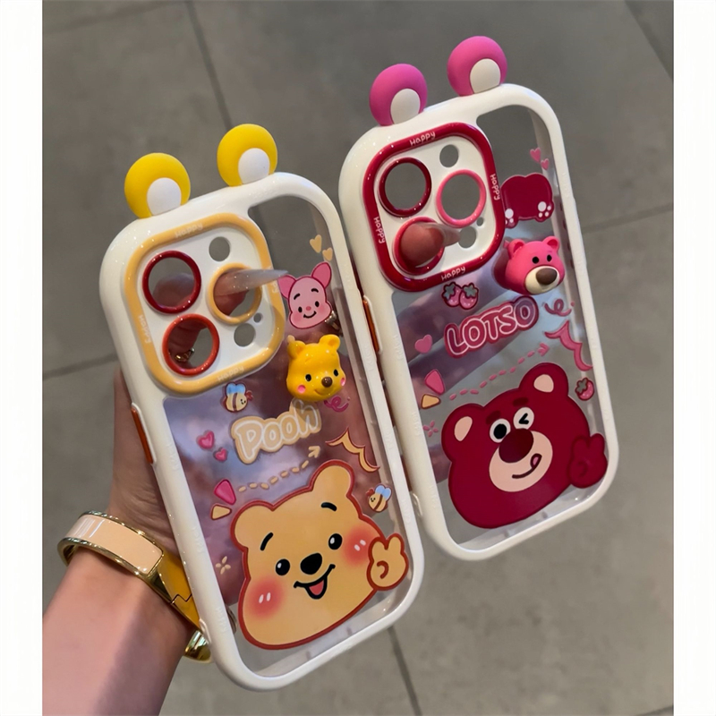 草莓维尼熊适用iphone16pro手机壳苹果15保护套14立体耳朵卡通13可爱趣味华为mate70女款荣耀vivo小米OPPO软