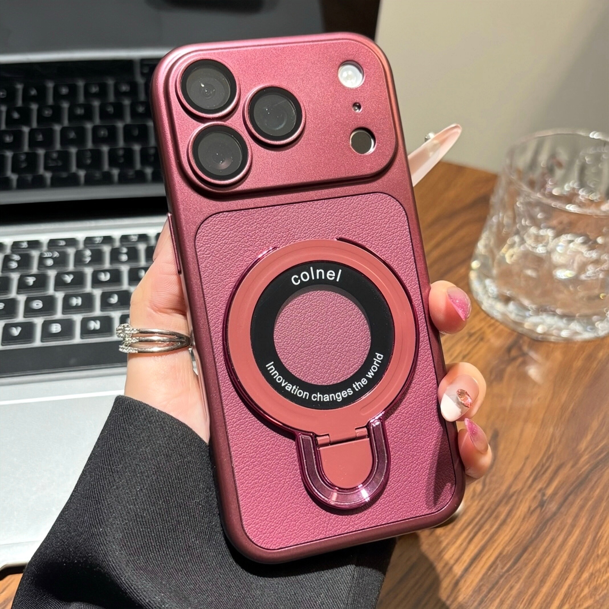勃艮第红荔枝纹17Pro适用iPhone18promax苹果17Pro折叠支架手机壳小米17Pro镜头全包华为Pura90男女款手机套