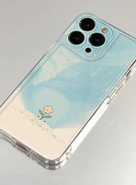 油画风天空小花适用苹果15手机壳16Pro卡通vivox100透明红米note13防摔小米14一加华为pura70荣耀200硅胶OPPO