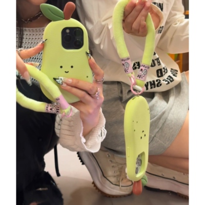 立体可爱雪梨茄子表情手拎绳适用iphone16promax手机壳苹果15硅胶全包16防摔13软壳14pro女15promax网红16潮
