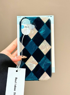 藏蓝色菱格适用苹果15/16手机壳16Pro卡通vivox100冰裂纹红米note13防摔小米14华为pura70荣耀200女OPPO软套