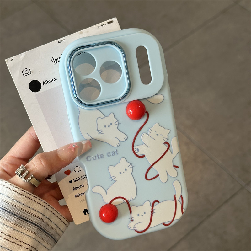 玩红线球猫咪适用苹果17promax手机壳16pro华为mate70新款立体支架OPPOReno14防摔金属小胖妹vivos30小米15软