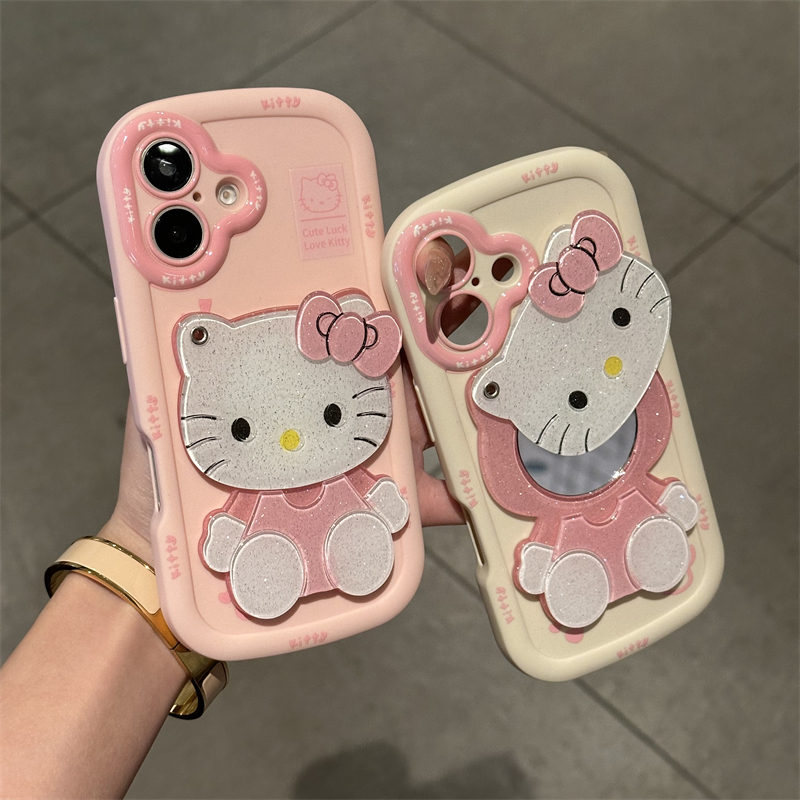 可爱卡通HelloKitty补妆镜适用iPhone16Promax苹果14手机壳15新款华为P70防摔60硅胶荣耀vivo小米OPPO手机套