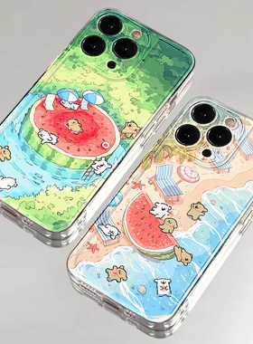 夏日清凉小狗适用苹果15手机壳16Pro卡通vivox100透明红米note13防摔小米14一加套华为pura70荣耀200硅胶OPPO