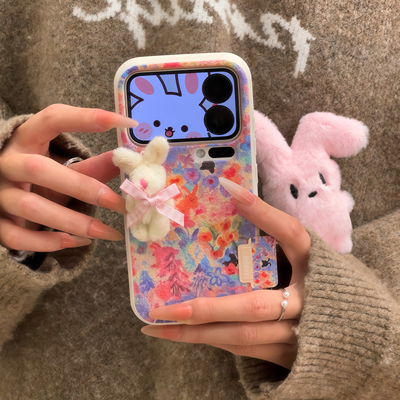 复古油画兔适用iPhone17promax苹果16手机壳华为Pura70新款立体小兔兔荣耀400皮纹tpuvivox200软小米17Promax