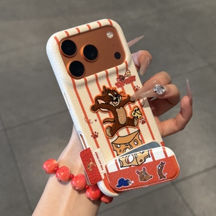 卡通杰瑞汤姆猫适用iPhone17promax苹果16pro手机壳华为Pura70新款镜面支架400皮纹tpu软vivox200小米17Pro软