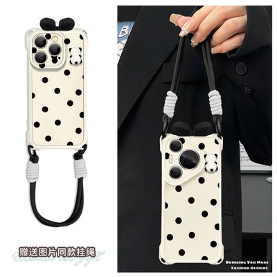 熊猫蝴蝶结适用苹果15promax手机壳16pro华为mate60新款pura70四角挂绳壳OPPOReno12/vivos19x100一加小米14