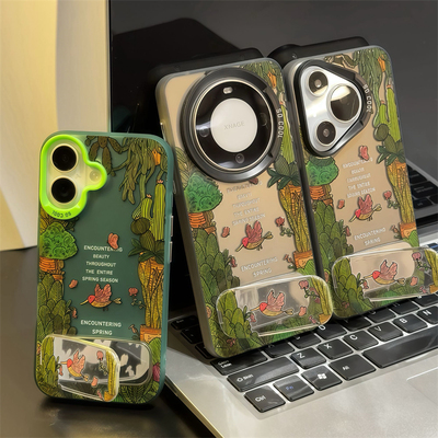 小鸟盆栽花朵镜面支架适用苹果16pro手机壳iphone15卡通可爱华为荣耀创意可爱mate70保护套小众小米15K80vivo