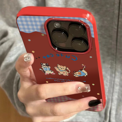 酒红三只小猫适用苹果16/15promax手机壳iphone14pro可爱卡通13软壳12女新款11果冻壳xs肤感防摔plus情侣xr套