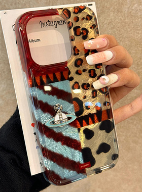 蓝棕豹纹立体茜太后星球适用苹果15手机壳16Pro奢华vivox100透明红米note13防摔小米14华为pura70荣耀200OPPO