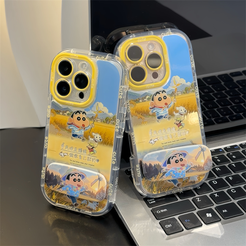 夏日ins小新吹风镜面支架适用iPhone16promax苹果14手机壳华为mate70新款小丸子荣耀vivo小米15OPPO全包防摔