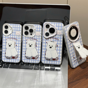 cute蓝格狗狗适用苹果17promax手机壳16pro华为mate70新款西高地支架pura70元气壳OPPOReno13/vivox200小米15