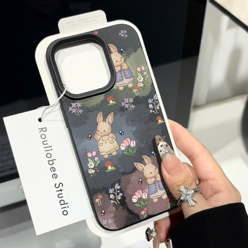 鲜花法式兔子适用苹果16/15promax手机壳iphone14pro可爱卡通13软壳12女新款11荔枝纹肤感防摔plus多色软套壳