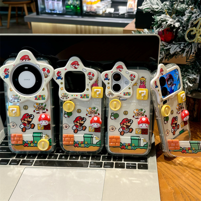 顶着立体小金币蘑菇的电玩马里奥~适用苹果16promax手机壳iPhone15小米17Promax红米华为荣耀vivoOPPOFindX98