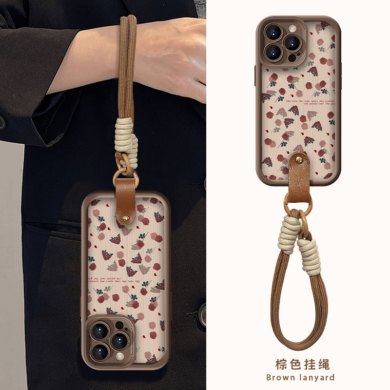 咖色玫瑰碎花适用苹果15promax手机壳华为mate60pro新款pura70腕带OPPOReno12挂绳vivos19x100女iQOOz9小米14