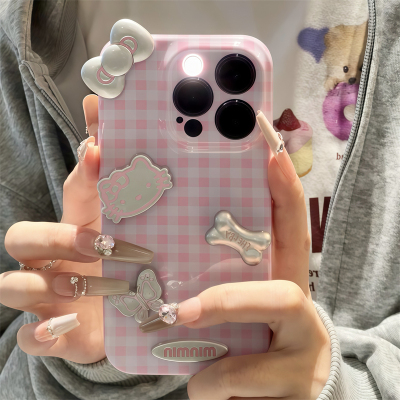 少女心粉色格子hellokitty立体贴件DIY适用iPhone16苹果15手机壳气质女神华为Pura70防摔Mate60vivo小米OPPO