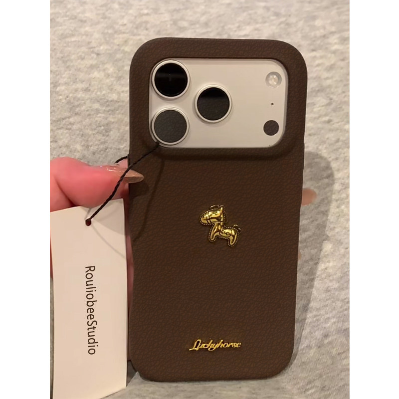 新款金标小马皮质手机壳iPhone17promax马年16pro新款皮纹TPU华为Mate70创意vivox300保护套小米17pro防摔软