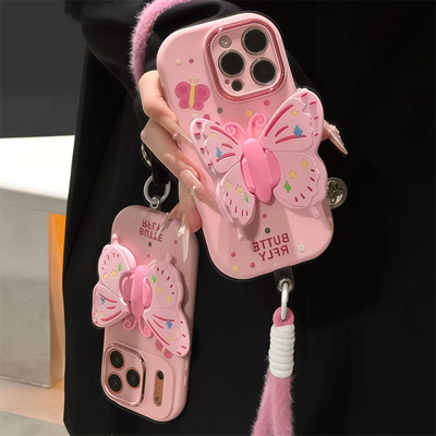 奇妙粉蝴蝶适用苹果17promax毛绒挂绳手机壳16华为mate70新款蝴蝶支架OPPOReno14金属小胖妹vivos30小米15软