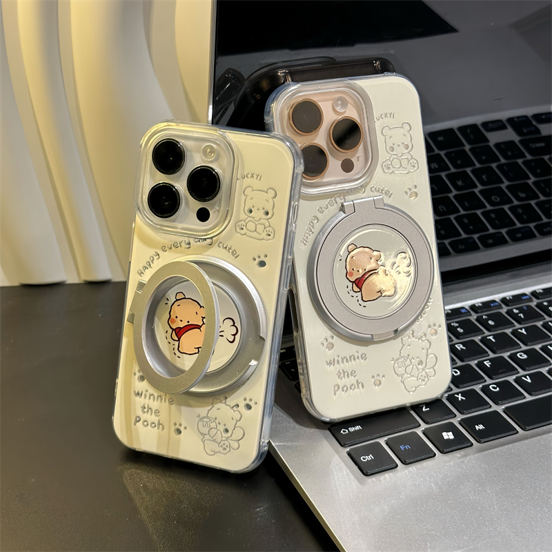 可爱ins卡通放屁维尼熊旋转支架适用iPhone16promax小米苹果15手机壳新款情侣华为P70荣耀vivos19防摔OPPO女