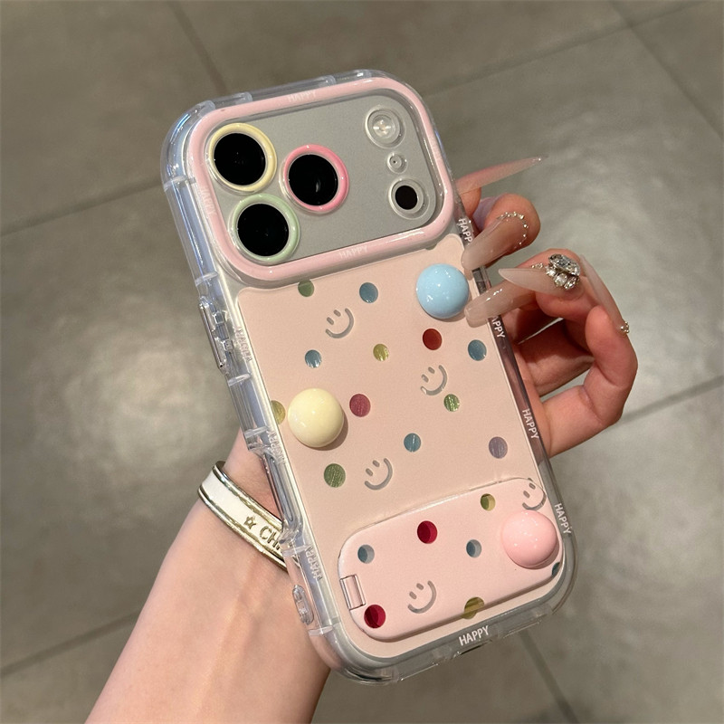 彩色波点笑脸豆豆适用iPhone17promax镜面支架手机壳16pro防摔华为Pura80新款泡芙羽纱vivox300防摔小米17pro