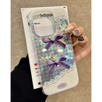 韩系紫蝴蝶结格纹适用iPhone16苹果16Promax手机壳新款IMD漩涡壳15pro防摔14plus全包13高级感12套xr/xsmax软