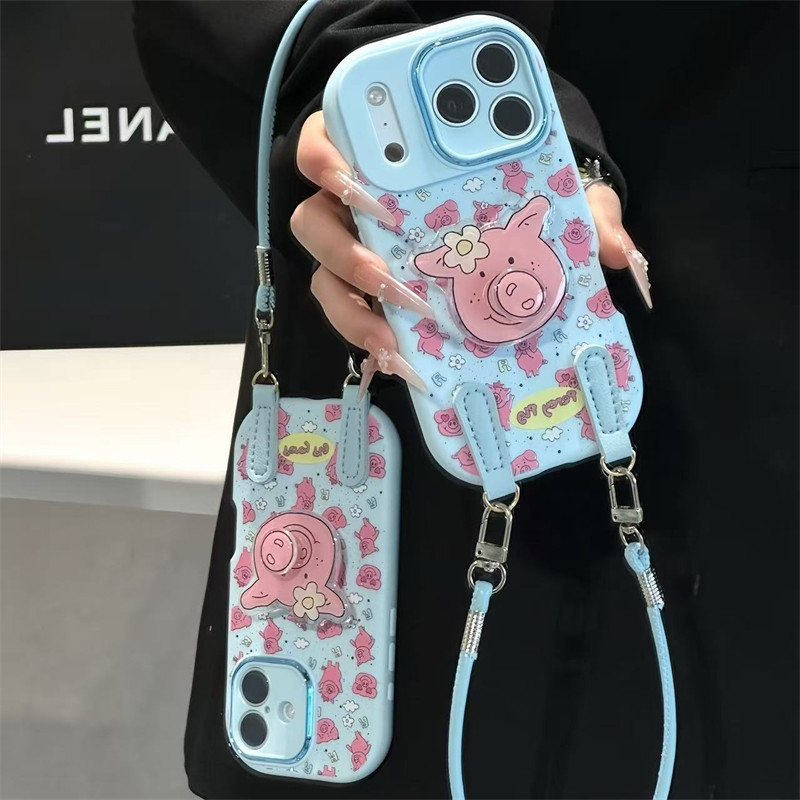 蓝色玛莎猪适用苹果17promax挂绳手机壳16pro华为mate70新款转转支架OPPOReno14防摔金属小胖妹vivos30小米15