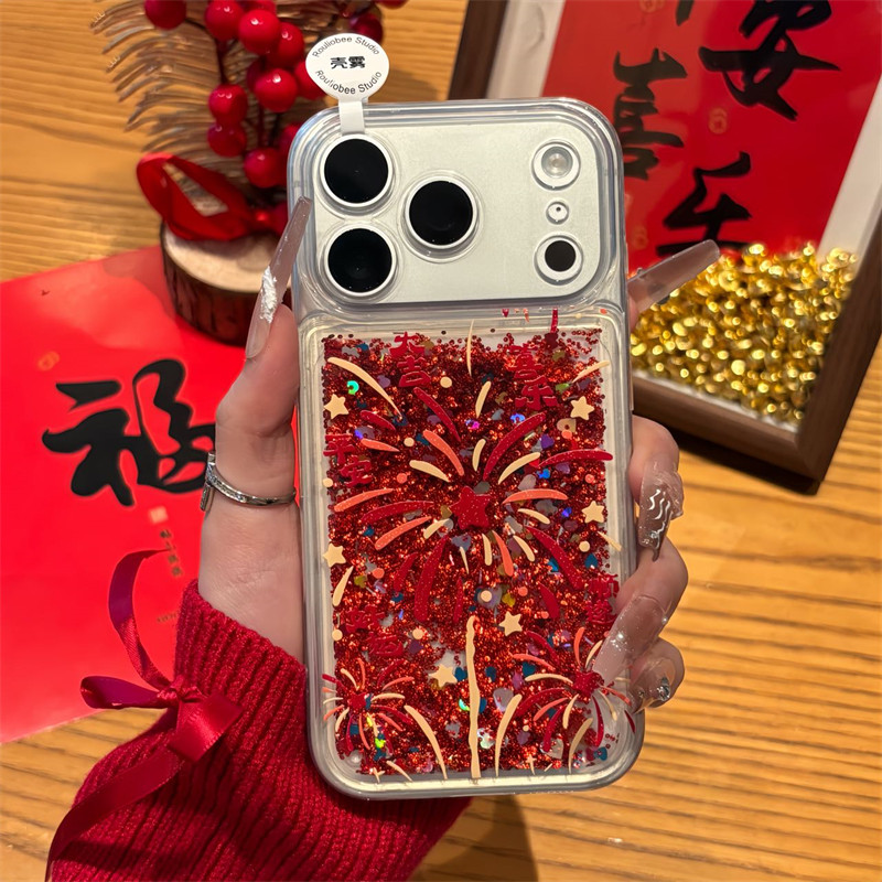 新年烟花适用苹果17promax流沙手机壳新款iphone16pro高级感华为Mate80透明vivox200全包防摔小米17pro硅胶软