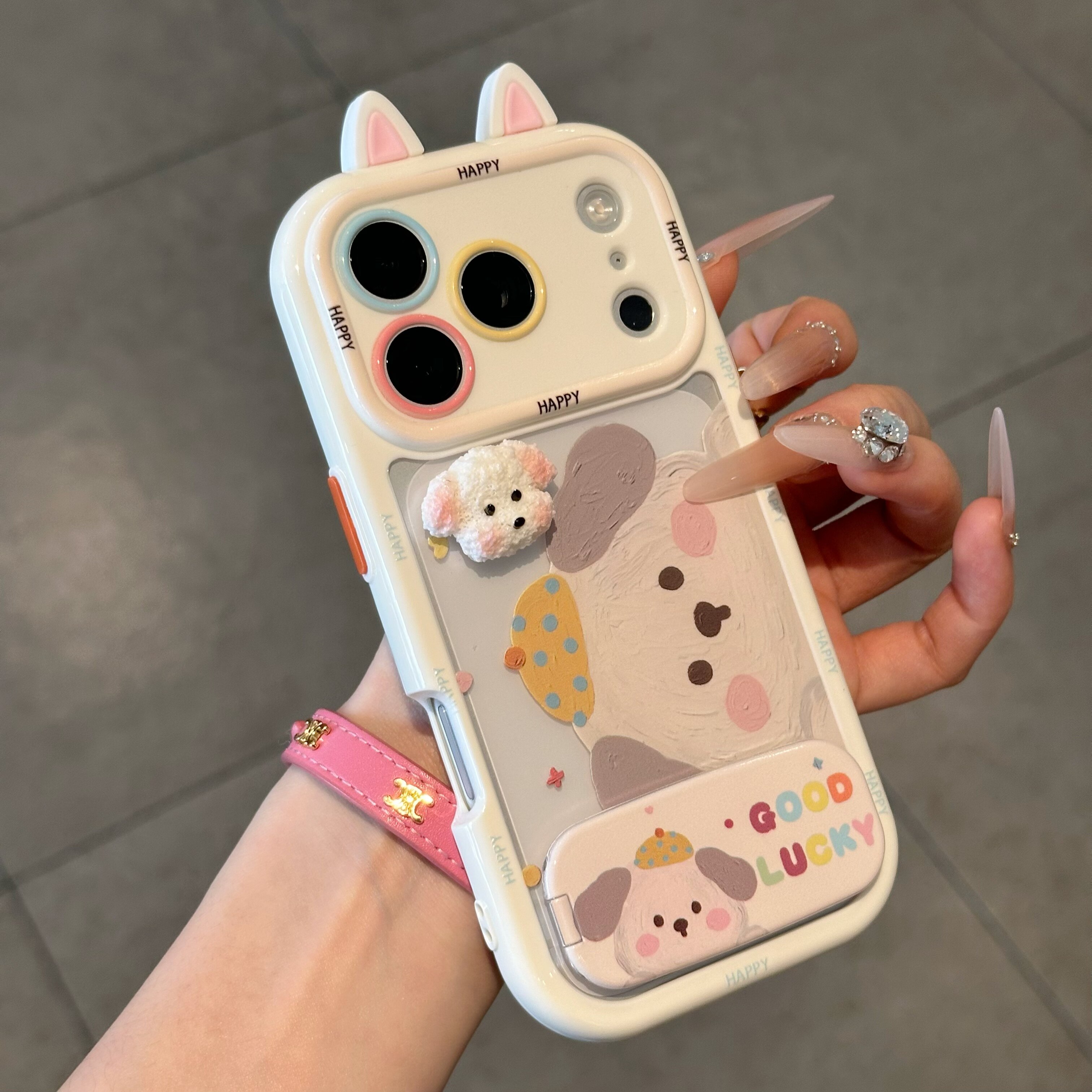 立体耳朵毛绒小狗适用苹果17promax镜面支架手机壳iphone16新款奶油壳白色华为mate70荣耀vivox300小米17pro