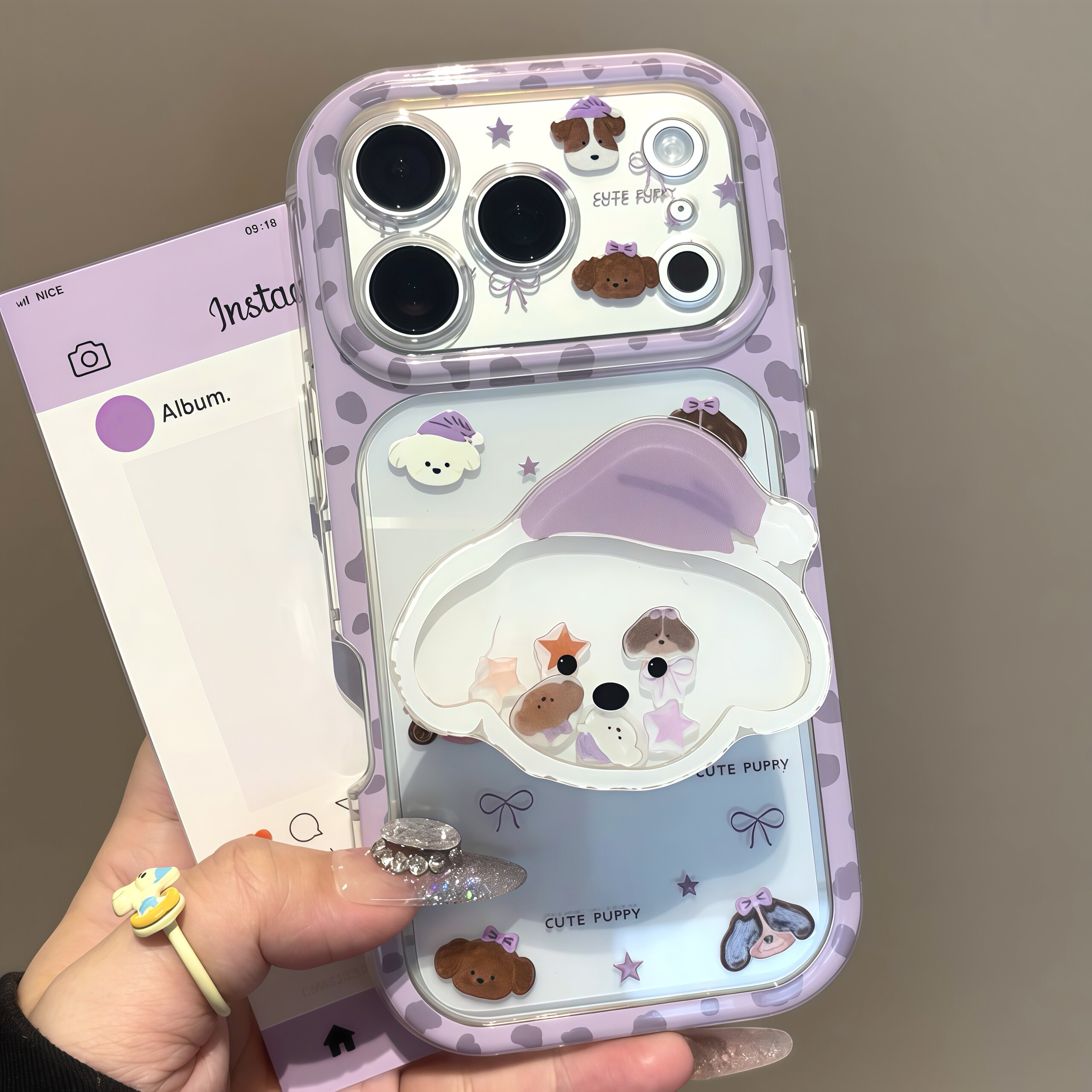 紫豹纹帽子小狗适用iPhoneDuo苹果18promax摇摇乐支架手机壳17Pro新款彩虹壳X300华为Mate80/70防摔小米17Pro
